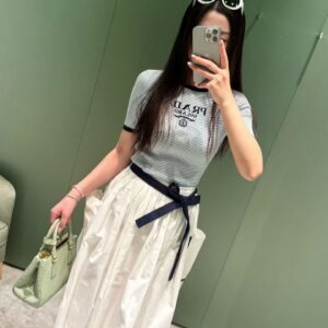프라다 스카이블루 스트라이프 니트 반팔 티셔츠