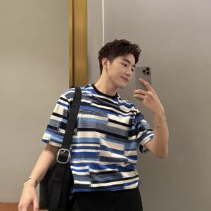 로에베 블루 스트라이프 패턴 반팔 티셔츠