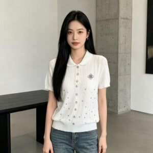 샤넬 진주 장식 니트 반팔 카라 티셔츠 화이트 블랙 슬림핏