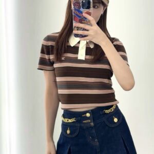 TJ공장 셀린느 개선문 배색 스트라이프 니트 폴로 브라운