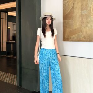 발렌시아가 플로럴 패턴 와이드 팬츠 여성 밴딩 슬랙스 블루 1-1