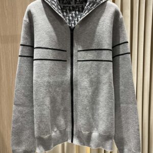 디올 오블리크 그레이 라인 배색 후드 집업 니트
