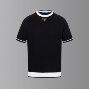 [S~2XL]프라다 삼각로고 배색라인 반팔 니트 블랙