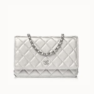 CHANEL 샤넬 메탈릭 램스킨 퀼팅 체인 지갑 WOC 실버