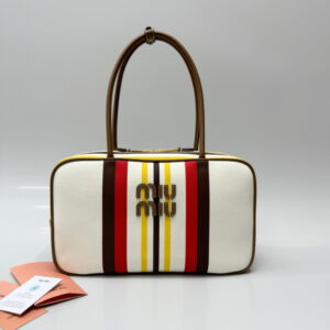 MIU MIU 미우미우 캔버스 앤 레더 보 백 베이지 다크 브라운 5BB163-2IBC-F061W
