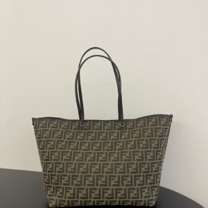 FENDI 펜디 토바코 브라운 FF 자카드 및 스트라이프 페퀸 패브릭 쇼퍼 롤 라지 8bh425aydbf1gl7