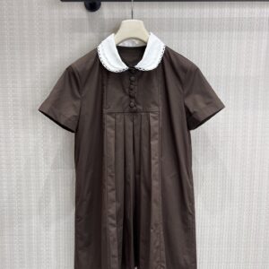 미우미우 카라 배색 브라운 원피스 반팔 플리츠 A라인 드레스