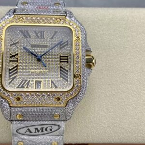 AMG공장 까르띠에 산토스 로만 다이얼 옐로우 골드 콤비 버스트 다운 40mm