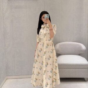 디올 플로럴 실크 셔츠 원피스 아이보리 벨티드 미디 드레스