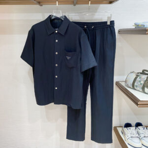 [M~3XL]프라다 삼각로고 반팔 셔츠 & 팬츠 세트 네이비