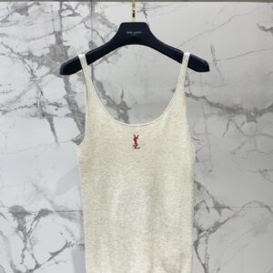 생로랑 YSL 자수 로고 골지 니트 슬리브리스 탑 블랙 여성 나시