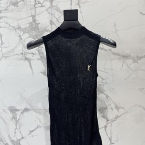 생로랑 YSL 모노그램 시스루 하이넥 슬리브리스 니트 탑