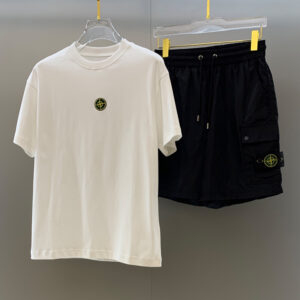 [M~3XL]스톤아일랜드 로고 패치 반팔 티셔츠 반바지 세트 화이트