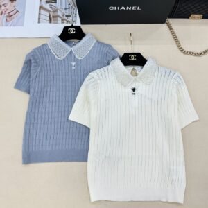 DIOR CD 로고 진주 레이스 카라 리브 니트 반팔 탑