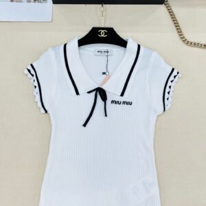 미우미우 레이스 세일러 카라 배색 니트 반팔 탑