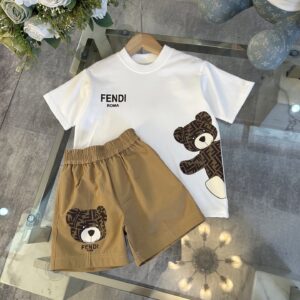 펜디 키즈 FF 베어 프린트 반팔 티셔츠 & 반바지 상하세트 브라운